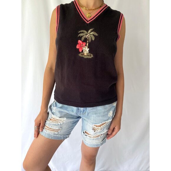 90s vintage black tropical palm tree embroidered knit sweater vest cotton top - Picture 3 of 8